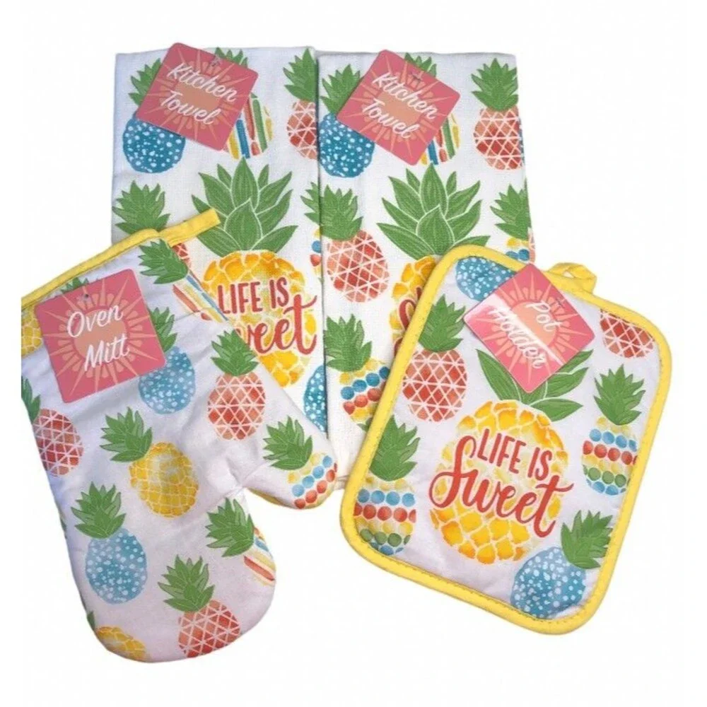 Life is Sweet Pineapple Kitchen Dish Towels Oven Mitt Potholder Beach Set of 4